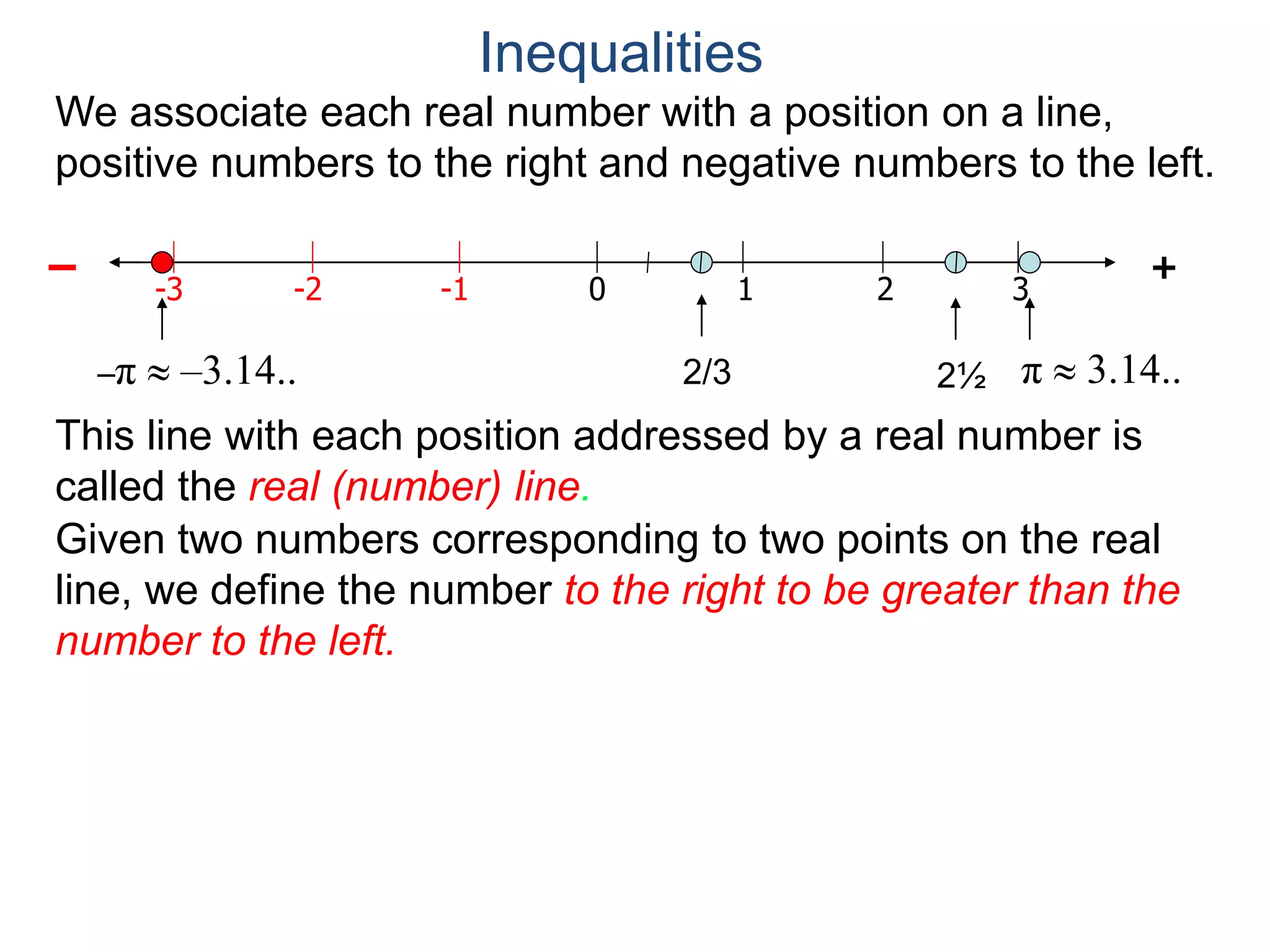 We associate each real number with a position on a line,
positive numbers to the right and negative numbers to the left.
-2 20 1 3
+
-1-3
–
2/3 2½ π  3.14..
This line with each position addressed by a real number is
called the real (number) line.
Inequalities
–π  –3.14..
Given two numbers corresponding to two points on the real
line, we define the number to the right to be greater than the
number to the left.
 