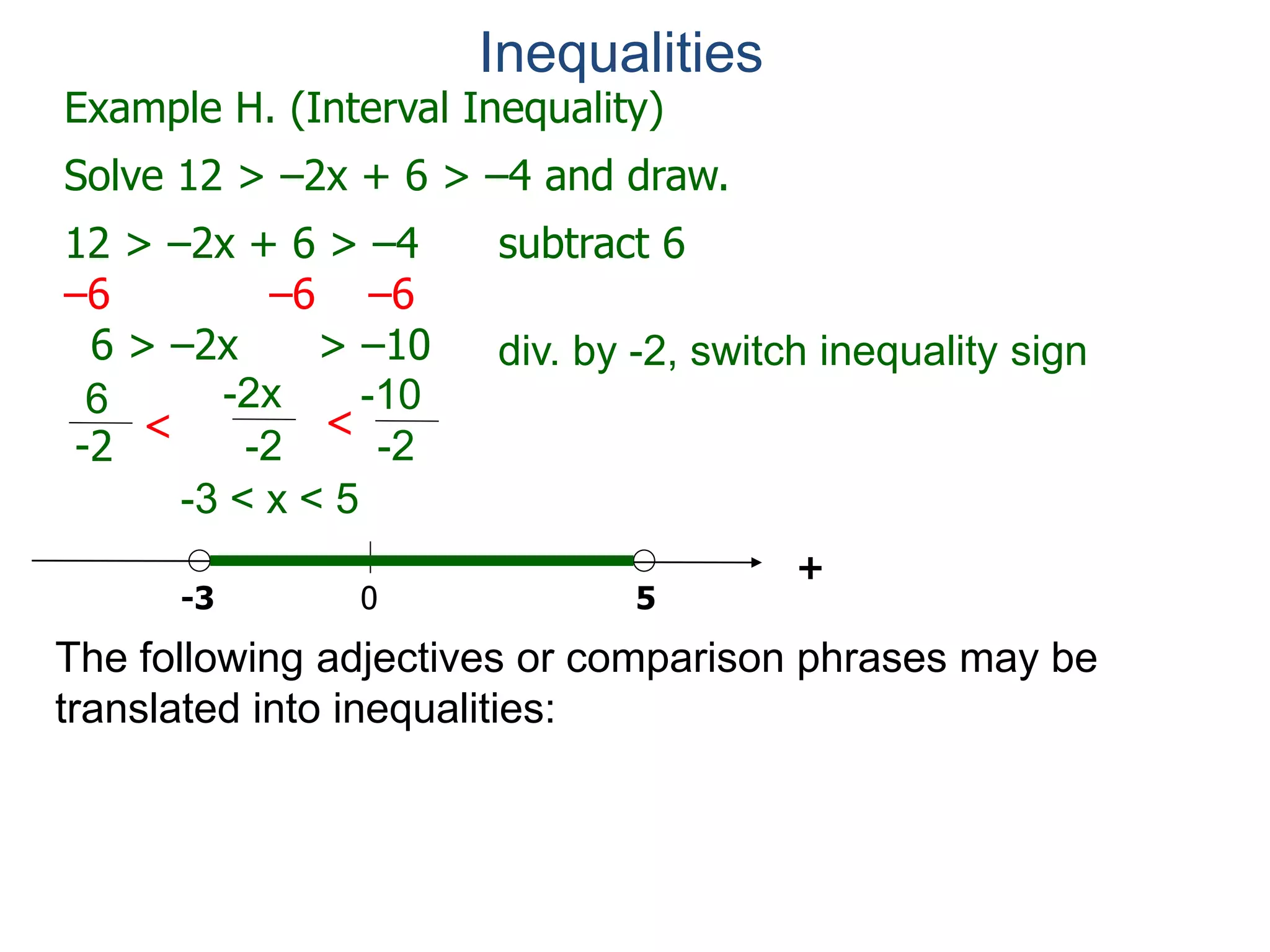 Example H. (Interval Inequality)
Solve 12 > –2x + 6 > –4 and draw.
12 > –2x + 6 > –4 subtract 6
–6 –6 –6
6 > –2x > –10
0
+
-3 < x < 5
5
div. by -2, switch inequality sign
6
-2
-2x
-2<
-10
-2
<
-3
Inequalities
The following adjectives or comparison phrases may be
translated into inequalities:
 