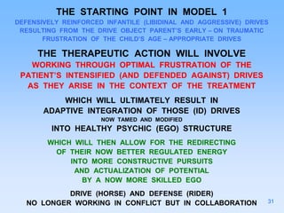 THE STARTING POINT IN MODEL 1
DEFENSIVELY REINFORCED INFANTILE (LIBIDINAL AND AGGRESSIVE) DRIVES
RESULTING FROM THE DRIVE OBJECT PARENT’S EARLY – ON TRAUMATIC
FRUSTRATION OF THE CHILD’S AGE – APPROPRIATE DRIVES
THE THERAPEUTIC ACTION WILL INVOLVE
WORKING THROUGH OPTIMAL FRUSTRATION OF THE
PATIENT’S INTENSIFIED (AND DEFENDED AGAINST) DRIVES
AS THEY ARISE IN THE CONTEXT OF THE TREATMENT
WHICH WILL ULTIMATELY RESULT IN
ADAPTIVE INTEGRATION OF THOSE (ID) DRIVES
NOW TAMED AND MODIFIED
INTO HEALTHY PSYCHIC (EGO) STRUCTURE
WHICH WILL THEN ALLOW FOR THE REDIRECTING
OF THEIR NOW BETTER REGULATED ENERGY
INTO MORE CONSTRUCTIVE PURSUITS
AND ACTUALIZATION OF POTENTIAL
BY A NOW MORE SKILLED EGO
DRIVE (HORSE) AND DEFENSE (RIDER)
NO LONGER WORKING IN CONFLICT BUT IN COLLABORATION 31
 