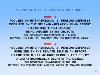 1 – PERSON vs. 2 – PERSON DEFENSES
MODEL 3
FOCUSES ON INTERPERSONAL (2 – PERSON) DEFENSES
MOBILIZED BY THE SELF – IN – RELATION IN AN EFFORT
TO PROTECT ITSELF AGAINST
BEING ABUSED BY ITS OBJECTS
THE IMPORTANT RELATIONSHIP IS THE ONE
BETWEEN THE SELF – IN – RELATION AND THE RELATIONAL OBJECT
MODEL 4
FOCUSES ON INTERPERSONAL (2 – PERSON) DEFENSES
MOBILIZED BY THE PRIVATE SELF IN AN EFFORT
TO PROTECT ITSELF AGAINST BEING SHATTERED BY
A CATASTROPHICALLY DEVASTATING OBJECT
THE IMPORTANT RELATIONSHIP IS THE ONE
BETWEEN THE PRIVATE SELF AND THE WORLD OF ANIMATE OBJECTS
40
 