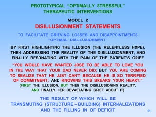PROTOTYPICAL “OPTIMALLY STRESSFUL”
THERAPEUTIC INTERVENTIONS
MODEL 2
DISILLUSIONMENT STATEMENTS
TO FACILITATE GRIEVING LOSSES AND DISAPPOINTMENTS
“OPTIMAL DISILLUSIONMENT”
BY FIRST HIGHLIGHTING THE ILLUSION (THE RELENTLESS HOPE),
THEN ADDRESSING THE REALITY OF THE DISILLUSIONMENT, AND
FINALLY RESONATING WITH THE PAIN OF THE PATIENT’S GRIEF
“YOU WOULD HAVE WANTED JOSE TO BE ABLE TO LOVE YOU
IN THE WAY THAT YOUR DAD NEVER DID; BUT YOU ARE COMING
TO REALIZE THAT HE JUST CAN’T BECAUSE HE IS SO TERRIFIED
OF COMMITMENT; AND KNOWING THIS BREAKS YOUR HEART.”
(FIRST THE ILLUSION, BUT THEN THE DISILLUSIONING REALITY,
AND FINALLY HER DEVASTATING GRIEF ABOUT IT)
THE RESULT OF WHICH WILL BE
TRANSMUTING (STRUCTURE – BUILDING) INTERNALIZATIONS
AND THE FILLING IN OF DEFICIT 44
 