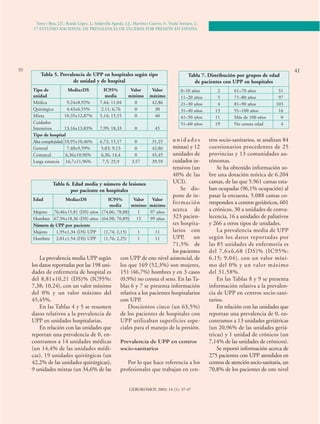 Torra i Bou, J.E.; Rueda López, J.; Soldevilla Agreda, J.J.; Martínez Cuervo, F.; Verdú Soriano, J.: 
1ER ESTUDIO NACIONAL DE PREVALENCIA DE ÚLCERAS POR PRESIÓN EN ESPAÑA. 
50 41 
Tabla 5. Prevalencia de UPP en hospitales según tipo 
La prevalencia media UPP según 
los datos reportadas por las 198 uni-dades 
de enfermería de hospital es 
del 8,81±10,21 (DS)% (IC95%: 
7,38; 10,24), con un valor mínimo 
del 0% y un valor máximo del 
45,45%. 
En las Tablas 4 y 5 se resumen 
datos relativos a la prevalencia de 
UPP en unidades hospitalarias. 
En relación con las unidades que 
reportan una prevalencia de 0, en-contramos 
a 14 unidades médicas 
(un 14,4% de las unidades médi-cas), 
19 unidades quirúrgicas (un 
42,2% de las unidades quirúrgicas), 
9 unidades mixtas (un 34,6% de las 
u n i d a d e s 
mixtas) y 12 
unidades de 
cuidados in-tensivos 
(un 
40% de las 
UCI). 
Se dis-pone 
de in-formación 
acerca de 
323 pacien-tes 
hospita-larios 
con 
UPP, un 
71,5% de 
los pacientes 
con UPP de este nivel asistencial, de 
los que 169 (52,3%) son mujeres, 
151 (46,7%) hombres y en 3 casos 
(0,9%) no consta el sexo. En las Ta-blas 
6 y 7 se presenta información 
relativa a los pacientes hospitalarios 
con UPP. 
Doscientos cinco (un 63,5%) 
de los pacientes de hospitales con 
UPP utilizaban superficies espe-ciales 
para el manejo de la presión. 
Prevalencia de UPP en centros 
socio-sanitarios 
Por lo que hace referencia a los 
profesionales que trabajan en cen-tros 
socio-sanitarios, se analizan 84 
cuestionarios procedentes de 25 
provincias y 13 comunidades au-tónomas. 
Se ha obtenido información so-bre 
una dotación teórica de 6.204 
camas, de las que 5.961 camas esta-ban 
ocupadas (96,1% ocupación) al 
pasar la encuesta. 5.088 camas co-rresponden 
a centros geriátricos, 601 
a crónicos, 30 a unidades de conva-lecencia, 
16 a unidades de paliativos 
y 266 a otros tipos de unidades. 
La prevalencia media de UPP 
según los datos reportadas por 
las 85 unidades de enfermería es 
del 7,6±6,68 (DS)% (IC95%: 
6,15; 9,04), con un valor míni-mo 
del 0% y un valor máximo 
del 31,58%. 
En las Tablas 8 y 9 se presenta 
información relativa a la prevalen-cia 
de UPP en centros socio-sani-tarios. 
En relación con las unidades que 
reportan una prevalencia de 0, en-contramos 
a 13 unidades geriátricas 
(un 20,96% de las unidades geriá-tricas) 
y 1 unidad de crónicos (un 
7,14% de las unidades de crónicos). 
Se reportó información acerca de 
275 pacientes con UPP atendidos en 
centros de atención socio-sanitaria, un 
70,8% de los pacientes de este nivel 
GEROKOMOS 2003; 14 (1): 37-47 
de unidad y de hospital 
Tipo de Media±DS IC95% Valor Valor 
unidad media mínimo máximo 
Médica 9,24±8,92% 7,44; 11,04 0 42,86 
Quirúrgica 4,43±6,55% 2,11; 6,76 0 30 
Mixta 10,35±12,87% 5,14; 15,55 0 40 
Cuidados 
Intensivos 13,16±13,83% 7,99; 18,33 0 45 
Tipo de hospital 
Alta complejidad 10,95±10,46% 6,72; 15,17 0 31,25 
General 7,48±9,59% 5,83; 9,13 0 42,86 
Comarcal 6,36±10,96% 6,36; 14,4 0 45,45 
Larga estancia 16,7±11,96% 7,5; 25,9 3,57 39,59 
Tabla 6. Edad media y número de lesiones 
por paciente en hospitales 
Edad Media±DS IC95% Valor Valor 
media mínimo máximo 
Mujeres 76,46±15,81 (DS) años (74,06; 78,88) 1 97 años 
Hombres 67,94±18,36 (DS) años (64,98; 70,89) 15 99 años 
Número de UPP por paciente 
Mujeres 1,95±1,34 (DS) UPP (1,74; 2,15) 1 11 
Hombres 2,01±1,54 (DS) UPP (1,76; 2,25) 1 11 
Tabla 7. Distribución por grupos de edad 
de pacientes con UPP en hospitales 
0–10 años 2 61–70 años 51 
11–20 años 5 71–80 años 97 
21–30 años 4 81–90 años 103 
31–40 años 13 91–100 años 16 
41–50 años 11 Más de 100 años 0 
51–60 años 19 No consta edad 4 
 