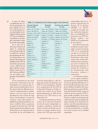 A pesar de haber 
44 53 
contabilizado unas ci-fras 
de prevalencia a la 
baja, debido tal vez a 
los condicionantes an-tes 
mencionados, los re-sultados 
indican que las 
UPP son un importan-te 
problema en nuestro 
país, afectando a todos 
los niveles asistenciales. 
En el caso de la 
Atención Primaria de 
salud, la utilización 
como denominador de 
la población cubierta 
por programas de aten-ción 
domiciliaria, nos 
permite dimensionar el 
problema de las UPP de 
una forma más precisa 
y real, a diferencia de 
datos referidos a la po-blación 
mayor de 14 ó 
de 65 años, que dificul-tan 
una mayor com-prensión 
del problema 
(3, 10). 
Tabla 13. Localización de las lesiones según nivel asistencial 
Atención Primaria Hospitales Atención socio-sanitaria 
(N: 674 UPP) (N: 327) (N: 434) 
Talón, 187 (27,74%) Sacro, 165 (50,45%) Sacro, 139 (32,02%) 
Sacro, 180 (26,7%) Talón, 63 (19,26%) Talón, 82 (18,89%) 
Trocánter, 120 (17,8%) Trocánter, 25 (7,64%) Trocánter, 69 (15,89%) 
Maléolo, 37 (5,48%) Glúteo, 15 (4,58%) Glúteo, 36 (7,14%) 
Pierna, 24 (3,56%) Maléolo, 11 (3,36%) Maléolo, 28 (16,77%) 
Pie, 21 (3,11%) Occipital, 11 (3,36%) Isquion, 18 (4,14%) 
Codo,14 Espalda, 10 Pierna, 14 
Espalda,14 Isquion, 4 Espalda, 13 
Glúteo, 14 Pie, 3 Pie, 13 
Cresta ilíaca, 9 Pierna, 3 Coxis, 6 
Escápula, 8 Dedos pie, 2 Codo, 4 
Rodilla, 6 Barbilla, 1 Dedos pie, 3 
Isquion, 5 Cadera, 1 Escroto, 3 
Dedos pie, 4 Codo, 1 Dedos, 2 
Parrilla costal, 4 Hombro, 1 Rodilla, 2 
Pliegue inguinal, 4 Mano, 1 Brazo, 1 
Oreja, 3 Nariz, 1 Cresta ilíaca, 1 
Hombro, 2 Parrilla costal, 1 Hombro, 1 
Omóplato, 2 Rodilla, 1 Muñón,1 
Parietal, 2 Testículos, 1 Oreja, 1 
Genitales, 1 Pene, 1 
Mano,1 
Metatarsiano, 1 
Pene, 1 
Si nos centramos en este nivel 
asistencial, utilizando como de-nominador 
a los usuarios que re-ciben 
atención domiciliaria, las ci-fras 
de prevalencia dibujan un es-cenario 
comprometido y proble-mático, 
con una mayor tasa de 
prevalencia en los centros de tipo 
mixto (rural-urbano). A pesar de 
centrarse, como cabe suponer, en 
población predominantemente an-ciana, 
también afecta a personas 
de menos de 60 años (un 7,6% del 
total de pacientes prevalentes); este 
último dato es un exponente de la 
extensión de las actividades de 
atención domiciliaria, y del im-pacto 
que tienen los pacientes con 
UPP en estos programas. Prueba 
de la importancia de las UPP en 
la Atención Primaria es el dato ex-traído 
del estudio de la Rioja: 
aproximadamente un 50% de los 
pacientes con UPP están en sus 
domicilios (3). 
Las lesiones presentes en los pa-cientes 
de la Atención Primaria 
son las de mayor antigüedad, se-veridad 
y superficie, siendo este 
medio asistencial donde encon-tramos 
un menor número de pa-cientes 
con UPP que están utili-zando 
algún tipo de su-perficie 
especial para el 
manejo de la presión 
(SEMP), un 38,5%, 
cuando de acuerdo con 
las evidencias disponi-bles, 
la totalidad de los 
pacientes con UPP de-berían 
utilizar una 
SEMP en el tratamiento 
de sus lesiones. 
Una clara muestra de 
la falta de recursos orien-tados 
a la prevención de 
UPP en la comunidad 
estriba en el hecho de 
que tres cuartas partes de 
las lesiones se han origi-nado 
en los mismos do-micilios 
de los pacientes, 
así como el número de 
lesiones por paciente, su 
tiempo de evolución y 
las localizaciones más 
frecuentes (talones y 
zona sacra). 
Un elemento a desta-car 
en cuanto a las lesio-nes 
prevalentes en Atención Prima-ria 
son sus grandes dimensiones. A 
la vista de ello, pensamos que se de-bería 
redefinir la política de reem-bolso 
de apósitos por parte del Sis-tema 
Nacional de Salud, ya que el 
credo de que las mayores UPP si-guen 
siendo atendidas en las insti-tuciones, 
conlleva la inexistencia de 
cupón precinto para los apósitos de 
mayor tamaño en la Atención Pri-maria 
y con ello mayoritariamente 
a la imposibilidad de su uso por par-te 
de los profesionales, no siendo 
este juicio acorde con la realidad 
constatada. 
GEROKOMOS 2003; 14 (1): 37-47 
 