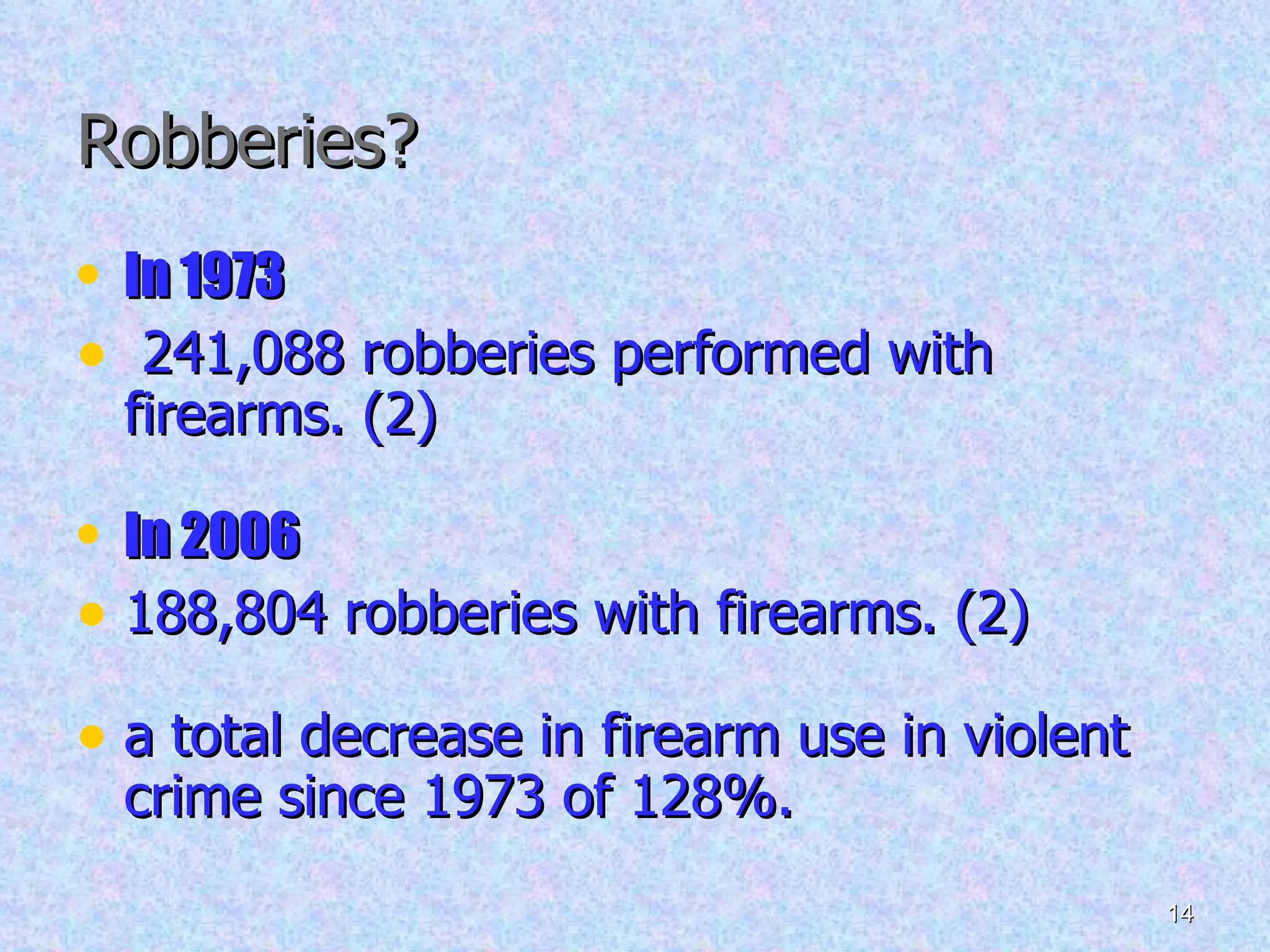 Robberies? In 1973  241,088 robberies performed with firearms. (2) In 2006   188,804 robberies with firearms. (2) a total decrease in firearm use in violent crime since 1973 of 128%. 
