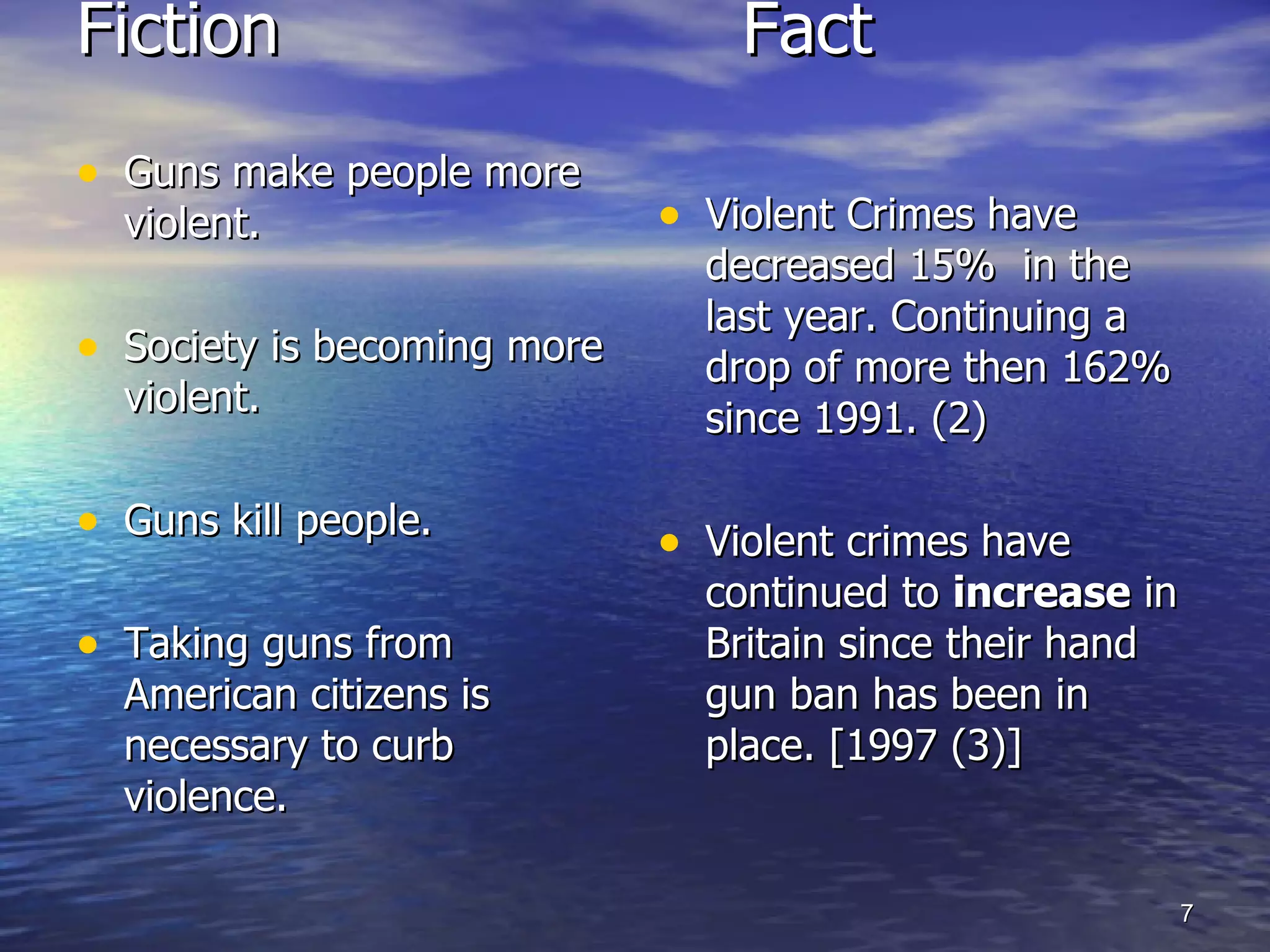 Fiction  Fact  Guns make people more violent. Society is becoming more violent. Guns kill people. Taking guns from American citizens is necessary to curb violence.  Violent Crimes have decreased 15%  in the last year. Continuing a drop of more then 162% since 1991. (2) Violent crimes have continued to  increase  in Britain since their hand gun ban has been in place. [1997 (3)] 