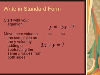 Write in Standard Form Start with your equation. Move the x value to the same side as the y value by adding or subtracting the same x values from both sides. +3x +3x 