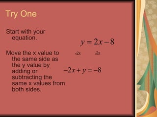 Try One Start with your equation. Move the x value to the same side as the y value by adding or subtracting the same x values from both sides. -2x -2x 