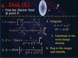 4. Disk (E)                 r
                                             P
• Find the Electric Field            x
  @ point P.

                                    4. Integrate.

                                R

                                0
                                         5. Substitute in the
                            R               total charge
                            0               density.
                                    6. Plug in the ranges
                                       and simplify.
 