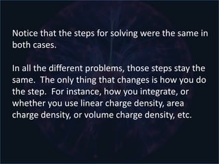 2. Rod (V)                  P a
                                              L

• Find the Electric Field
  @ point P.

                a+L
                              4. Integrate.
                 a
                 a+L          5. Substitute in the
                                 total charge density.
                 a




                              6. Plug in the ranges
                                 and simplify.
 