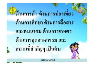 ด้านการค้า ด้านการท่องเทียว
ด้านการศึกษา ด้านการสือสาร
และคมนาคม ด้านการเกษตร
ครูรัตนา จุรุพันธ์
และคมนาคม ด้านการเกษตร
ด้านการอุตสาหกรรม และ
สถานทีสําคัญๆ เป็นต้น
 