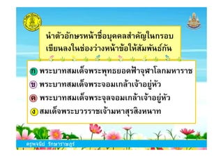 นําตัวอักษรหน้าชือบุคคลสําคัญในกรอบ
เขียนลงในช่องว่างหน้าข้อให้สัมพันธ์กัน
ก พระบาทสมเด็จพระพุทธยอดฟ้ าจุฬาโลกมหาราช
ข พระบาทสมเด็จพระจอมเกล้าเจ้าอยู่หัว
ครูพจนีย์ รักษาราษฎร์
ข พระบาทสมเด็จพระจอมเกล้าเจ้าอยู่หัว
ค พระบาทสมเด็จพระจุลจอมเกล้าเจ้าอยู่หัว
ง สมเด็จพระบวรราชเจ้ามหาสุรสิงหนาท
 