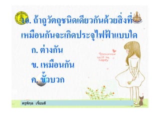 10. ถ้าถูวัตถุชนิดเดียวกันด้วยสิงที
เหมือนกันจะเกิดประจุไฟฟ้ าแบบใด
ก. ต่างกัน
ข. เหมือนกัน
ครูพิกุล เจียมดี
ก. ต่างกัน
ข. เหมือนกัน
ค. ขัวบวก
 