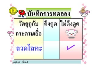 บันทึกการทดลอง
วัตถุถูกับ
กระดาษเยือ
ดึงดูด ไม่ดึงดูด
ครูพิกุล เจียมดี
กระดาษเยือ
ลวดโลหะ
 
