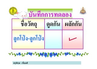 บันทึกการทดลอง
ชือวัตถุ ดูดกัน ผลักกัน
ลูกโป่ ง-ลูกโป่ ง
ครูพิกุล เจียมดี
ลูกโป่ ง-ลูกโป่ ง
 