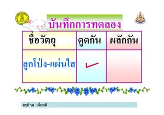 บันทึกการทดลอง
ชือวัตถุ ดูดกัน ผลักกัน
ลูกโป่ ง-แผ่นใส
ครูพิกุล เจียมดี
ลูกโป่ ง-แผ่นใส
 