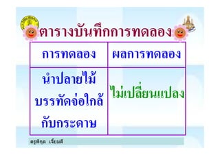 ตารางบันทึกการทดลอง
การทดลอง ผลการทดลอง
นําปลายไม้
ครูพิกุล เจียมดี
นําปลายไม้
บรรทัดจ่อใกล้
กับกระดาษ
ไม่เปลียนแปลง
 