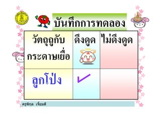 บันทึกการทดลอง
วัตถุถูกับ
กระดาษเยือ
ดึงดูด ไม่ดึงดูด
ครูพิกุล เจียมดี
กระดาษเยือ
ลูกโป่ ง
 