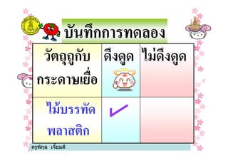 บันทึกการทดลอง
วัตถุถูกับ
กระดาษเยือ
ดึงดูด ไม่ดึงดูด
ครูพิกุล เจียมดี
กระดาษเยือ
ไม้บรรทัด
พลาสติก
 