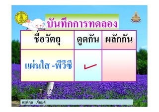 บันทึกการทดลอง
ชื)อวัตถุ ดูดกัน ผลักกัน
ครูพิกุล เจียมดี
แผ่นใส -พีวีซี
 