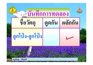 บันทึกการทดลอง
ชื)อวัตถุ ดูดกัน ผลักกัน
ลูกโป่ ง-ลูกโป่ ง
ครูพิกุล เจียมดี
ลูกโป่ ง-ลูกโป่ ง
 