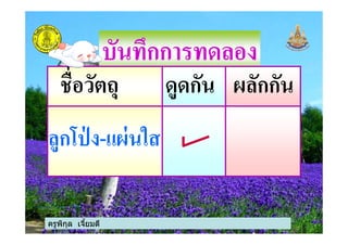 บันทึกการทดลอง
ชื)อวัตถุ ดูดกัน ผลักกัน
ลูกโป่ ง-แผ่นใส
ครูพิกุล เจียมดี
ลูกโป่ ง-แผ่นใส
 