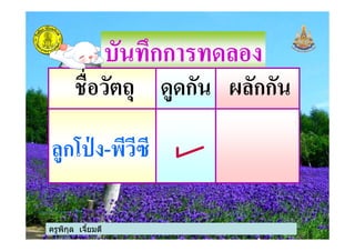 บันทึกการทดลอง
ชื)อวัตถุ ดูดกัน ผลักกัน
ครูพิกุล เจียมดี
ลูกโป่ ง-พีวีซี
 