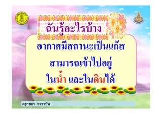 อากาศมีสถานะเป็นแก๊ส
สามารถเข้าไปอยู่
ฉันรู้อะไรบ้างฉันรู้อะไรบ้าง
ครูกชกร ธาราชีพ
สามารถเข้าไปอยู่
ในนํ5า และในดินได้
 