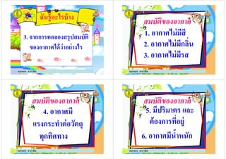 ฉันรู้อะไรบ้าง
3. จากการทดลองสรุปสมบัติ3. จากการทดลองสรุปสมบัติ
ของอากาศได้ว่าอย่างไร
ครูกชกร ธาราชีพ
สมบัติของอากาศ
1. อากาศไม่มีสี
2. อากาศไม่มีกลิน2. อากาศไม่มีกลิน
3. อากาศไม่มีรส
ครูกชกร ธาราชีพ
สมบัติของอากาศ
4. อากาศมี
แรงกระทําต่อวัตถุแรงกระทําต่อวัตถุ
ทุกทิศทาง
ครูกชกร ธาราชีพ
สมบัติของอากาศ
5. มีปริมาตร และ
ต้องการทีอยู่ต้องการทีอยู่
6. อากาศมีนํ5าหนัก
ครูกชกร ธาราชีพ
 