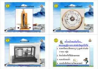 บารอมิเตอร์แบบปรอท
ครูธิดารัตน์ เมฆหมอกครูธิดารัตน์ เมฆหมอก
แอนิรอยด์บารอมิเตอร์
ครูธิดารัตน์ เมฆหมอกครูธิดารัตน์ เมฆหมอก
บารอกราฟ
ครูธิดารัตน์ เมฆหมอกครูธิดารัตน์ เมฆหมอก
ครั+งหน้าพบกับเรือง...
ของเหลวมีแรงกระทําต่อวัตถุหรือไม่
1. ขวดหรือกระป๋ องเจาะรู 3 รู สูงตํา ต่างกัน
1 ขวด / กลุ่ม
ครูธิดารัตน์ เมฆหมอก
1 ขวด / กลุ่ม
2. ดินนํ+ามันหรือไม้ปลายแหลม
3. กะละมังรองนํ+า
4. แบบบันทึกกิจกรรมวิทยาศาสตร์
ครูธิดารัตน์ เมฆหมอก
 
