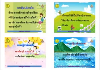 การปฏิสนธิภายใน
เกิดจากการทีเซลล์อสุจิถูกปล่อย
เข้าไปผสมกับเซลล์ไข่ภายในตัว
ครูธิดารัตน์ เมฆหมอก
เข้าไปผสมกับเซลล์ไข่ภายในตัว
ของสัตว์เพศเมีย แล้วเพศเมียก็จะ
ออกลูกเป็นตัว
ครูธิดารัตน์ เมฆหมอก
หรือออกไข่ทีมีเปลือกหุ้มออกมา
ครูธิดารัตน์ เมฆหมอก
หรือออกไข่ทีมีเปลือกหุ้มออกมา
ไข่จะต้องฟักจนกว่าจะออกมา
เป็นตัว
ครูธิดารัตน์ เมฆหมอก
การปฏิสนธิภายใน
เซลล์อสุจิ + เซลล์ไข่
ครูธิดารัตน์ เมฆหมอก
เซลล์อสุจิ + เซลล์ไข่
ภายในร่างกายเพศเมีย
ครูธิดารัตน์ เมฆหมอก
การปฏิสนธิภายนอก
การทีเซลล์อสุจิเข้าผสมกับ
ครูธิดารัตน์ เมฆหมอก
การทีเซลล์อสุจิเข้าผสมกับ
เซลล์ไข่ภายนอกร่างกายของเพศเมีย
ครูธิดารัตน์ เมฆหมอก
 