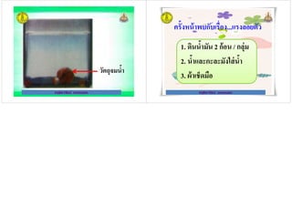 ครูธิดารัตน์ เมฆหมอก
วัตถุจมนํ*า
ครูธิดารัตน์ เมฆหมอก
ครั*งหน้าพบกับเรือง...แรงลอยตัว
1. ดินนํ*ามัน 2 ก้อน / กลุ่ม
ครูธิดารัตน์ เมฆหมอก
1. ดินนํ*ามัน 2 ก้อน / กลุ่ม
2. นํ*าและกะละมังใส่นํ*า
3. ผ้าเช็ดมือ
ครูธิดารัตน์ เมฆหมอก
 