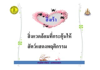 สิงเร้า
สิงแวดล้อมทีกระตุ้นให้
ครูธิดารัตน์ เมฆหมอก
สิงแวดล้อมทีกระตุ้นให้
สัตว์แสดงพฤติกรรม
ครูธิดารัตน์ เมฆหมอก
 