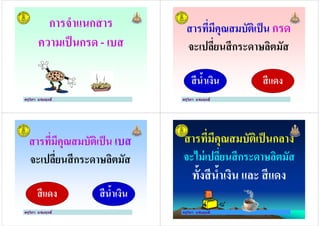 การจําแนกสาร
ความเป็นกรด - เบส
ครูวิภา แจ่มฤทธิ
สารที)มีคุณสมบัติเป็น กรด
จะเปลี)ยนสีกระดาษลิตมัส
ครูวิภา แจ่มฤทธิ
สีนํ'าเงิน สีแดง
สารที)มีคุณสมบัติเป็น เบส
จะเปลี)ยนสีกระดาษลิตมัส
ครูวิภา แจ่มฤทธิ
สีแดง สีนํ'าเงิน
สารที)มีคุณสมบัติเป็นกลาง
จะไม่เปลี)ยนสีกระดาษลิตมัส
ทั'งสีนํ'าเงิน และ สีแดง
ครูวิภา แจ่มฤทธิ
ทั'งสีนํ'าเงิน และ สีแดง
 