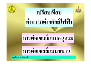 เปรียบเทียบ
ค่าความต่างศักย์ไฟฟ้ า
ครูวิภา แจ่มฤทธิ
การต่อเซลล์แบบอนุกรม
การต่อเซลล์แบบขนาน
ครูวิภา แจ่มฤทธิ
 