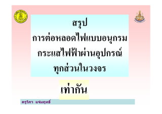 สรุป
การต่อหลอดไฟแบบอนุกรม
กระแสไฟฟ้ าผ่านอุปกรณ์
ครูวิภา แจ่มฤทธิ
เท่ากัน
กระแสไฟฟ้ าผ่านอุปกรณ์
ทุกส่วนในวงจร
 
