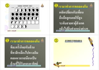 ครูวิภา แจ่มฤทธิ
เรามาทําการทดลองกันเรามาทําการทดลองกัน
ผลัดเปลี&ยนกับเพื&อน
ยืนถือลูกบอลให้สูง
ผลัดเปลี&ยนกับเพื&อน
ยืนถือลูกบอลให้สูงยืนถือลูกบอลให้สูง
ระดับสายตาผู้สังเกต
แล้วไปยืนตําแหน่งต่างๆ
ยืนถือลูกบอลให้สูง
ระดับสายตาผู้สังเกต
แล้วไปยืนตําแหน่งต่างๆครูวิภา แจ่มฤทธิ
ทีละครังโดยหันด้าน
ที&ทาสีเหลืองไปทางเดิม
ทีละครังโดยหันด้าน
ที&ทาสีเหลืองไปทางเดิม
เรามาทําการทดลองกันเรามาทําการทดลองกัน
ที&ทาสีเหลืองไปทางเดิม
ตลอดเวลาเสมือนเป็น
ด้านที&ได้รับแสงอาทิตย์
ที&ทาสีเหลืองไปทางเดิม
ตลอดเวลาเสมือนเป็น
ด้านที&ได้รับแสงอาทิตย์ครูวิภา แจ่มฤทธิ
ภาพการทดลอง
ครูวิภา แจ่มฤทธิ
 