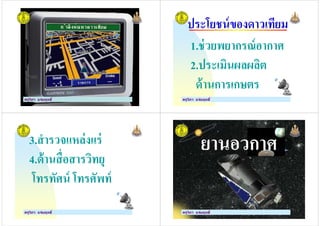 ครูวิภา แจ่มฤทธิครูวิภา แจ่มฤทธิ
ประโยชน์ของดาวเทียม
1.ช่วยพยากรณ์อากาศ
2.ประเมินผลผลิต2.ประเมินผลผลิต
ด้านการเกษตร
ครูวิภา แจ่มฤทธิ
3.สํารวจแหล่งแร่
4.ด้านสือสารวิทยุ
โทรทัศน์ โทรศัพท์
4.ด้านสือสารวิทยุ
โทรทัศน์ โทรศัพท์
ครูวิภา แจ่มฤทธิ
ยานอวกาศยานอวกาศ
ครูวิภา แจ่มฤทธิ
 