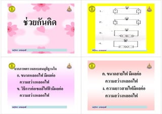 ช่วยกันคิด
ครูวิภา แจ่มฤทธิ
ช่วยกันคิด
ครูวิภา แจ่มฤทธิ ครูวิภา แจ่มฤทธิ
จากภาพตรวจสอบสมมุติฐานใด
ก. ขนาดหลอดไฟ มีผลต่อ
ความสว่างหลอดไฟ
ข. วิธีการต่อเซลล์ไฟฟ้ ามีผลต่อ
ครูวิภา แจ่มฤทธิ
ความสว่างหลอดไฟ
ข. วิธีการต่อเซลล์ไฟฟ้ ามีผลต่อ
ความสว่างหลอดไฟ
ค. ขนาดสายไฟ มีผลต่อ
ความสว่างหลอดไฟ
ง. ความยาวสายไฟมีผลต่อ
ครูวิภา แจ่มฤทธิ
ง. ความยาวสายไฟมีผลต่อ
ความสว่างหลอดไฟ
 