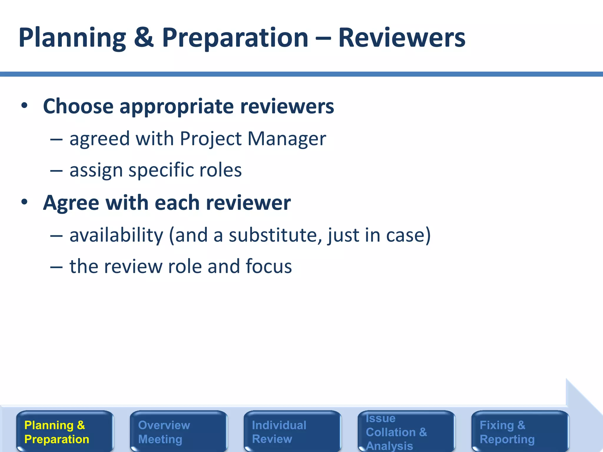 • Choose appropriate reviewers
– agreed with Project Manager
– assign specific roles
• Agree with each reviewer
– availability (and a substitute, just in case)
– the review role and focus
Planning & Preparation – Reviewers
Planning &
Preparation
Overview
Meeting
Individual
Review
Issue
Collation &
Analysis
Fixing &
Reporting
 