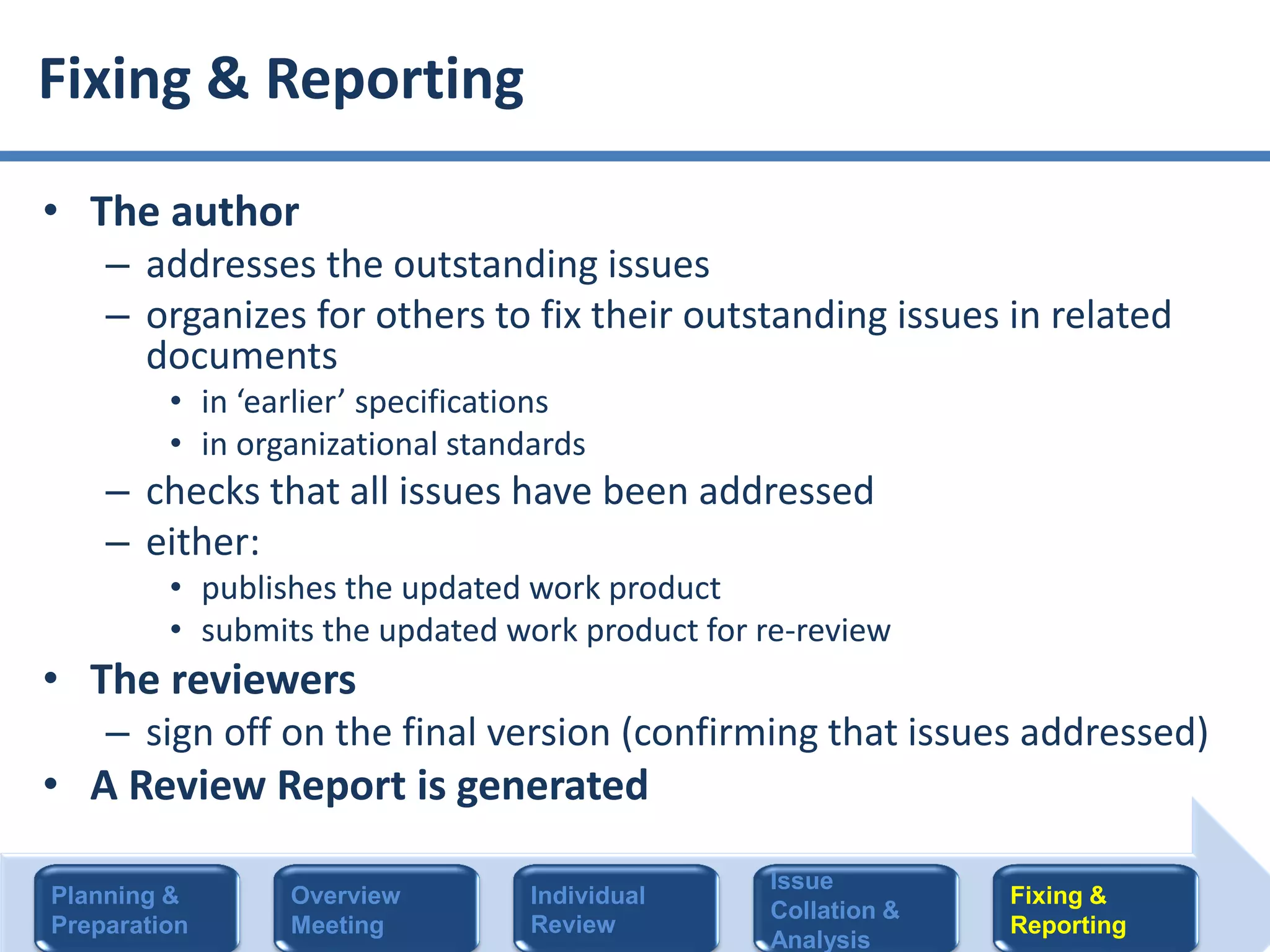 • The author
– addresses the outstanding issues
– organizes for others to fix their outstanding issues in related
documents
• in ‘earlier’ specifications
• in organizational standards
– checks that all issues have been addressed
– either:
• publishes the updated work product
• submits the updated work product for re-review
• The reviewers
– sign off on the final version (confirming that issues addressed)
• A Review Report is generated
Fixing & Reporting
Planning &
Preparation
Overview
Meeting
Individual
Review
Issue
Collation &
Analysis
Fixing &
Reporting
 