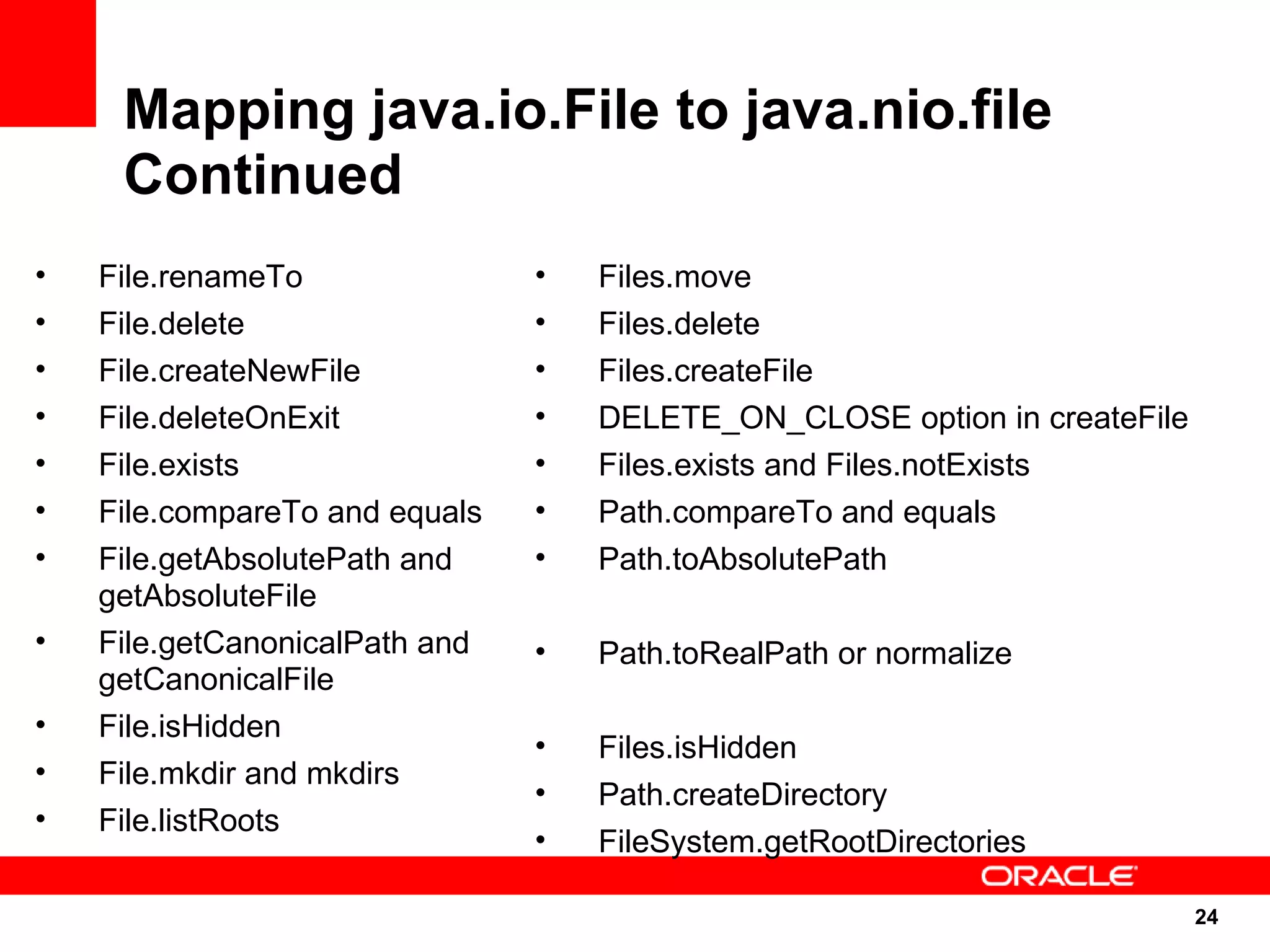 Mapping java.io.File to java.nio.file
     Continued
•   File.renameTo               •   Files.move
•   File.delete                 •   Files.delete
•   File.createNewFile          •   Files.createFile
•   File.deleteOnExit           •   DELETE_ON_CLOSE option in createFile
•   File.exists                 •   Files.exists and Files.notExists
•   File.compareTo and equals   •   Path.compareTo and equals
•   File.getAbsolutePath and    •   Path.toAbsolutePath
    getAbsoluteFile
•   File.getCanonicalPath and   •   Path.toRealPath or normalize
    getCanonicalFile
•   File.isHidden
                                •   Files.isHidden
•   File.mkdir and mkdirs
                                •   Path.createDirectory
•   File.listRoots
                                •   FileSystem.getRootDirectories

                                                                           24
                                                                           24
 