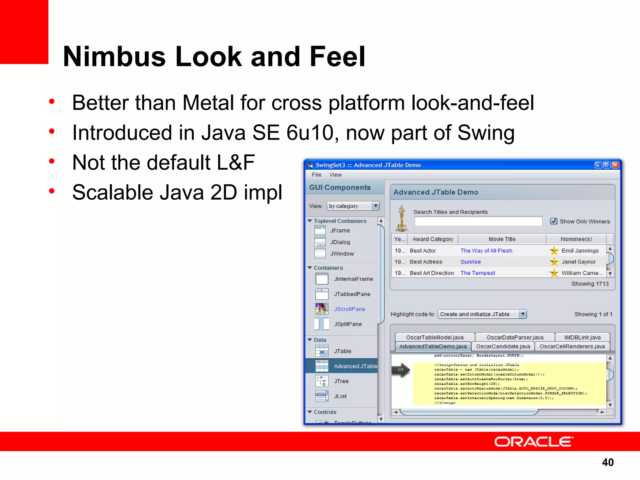 Nimbus Look and Feel
•   Better than Metal for cross platform look-and-feel
•   Introduced in Java SE 6u10, now part of Swing
•   Not the default L&F
•   Scalable Java 2D impl




                                                         40
                                                         40
 