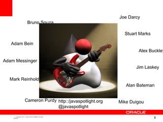 Joe Darcy
                                Bruno Souza

                                                                       Stuart Marks

   Adam Bein
                                                                             Alex Buckley

Adam Messinger
                                                                            Jim Laskey

  Mark Reinhold
                                                                        Alan Bateman


                           Cameron Purdy http::/javaspotlight.org    Mike Duigou
                                         @javaspotlight

                                                                                      2
   2
      | Copyright © 2011, Oracle and/or its affiliates. All rights


                                                                                       2
    reserved.
 