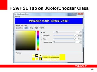 HSV/HSL Tab on JColorChooser Class




                                     47
                                     47
 