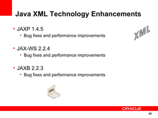 Java XML Technology Enhancements

• JAXP 1.4.5
  • Bug fixes and performance improvements


• JAX-WS 2.2.4
  • Bug fixes and performance improvements


• JAXB 2.2.3
  • Bug fixes and performance improvements




                                             58
                                             58
 