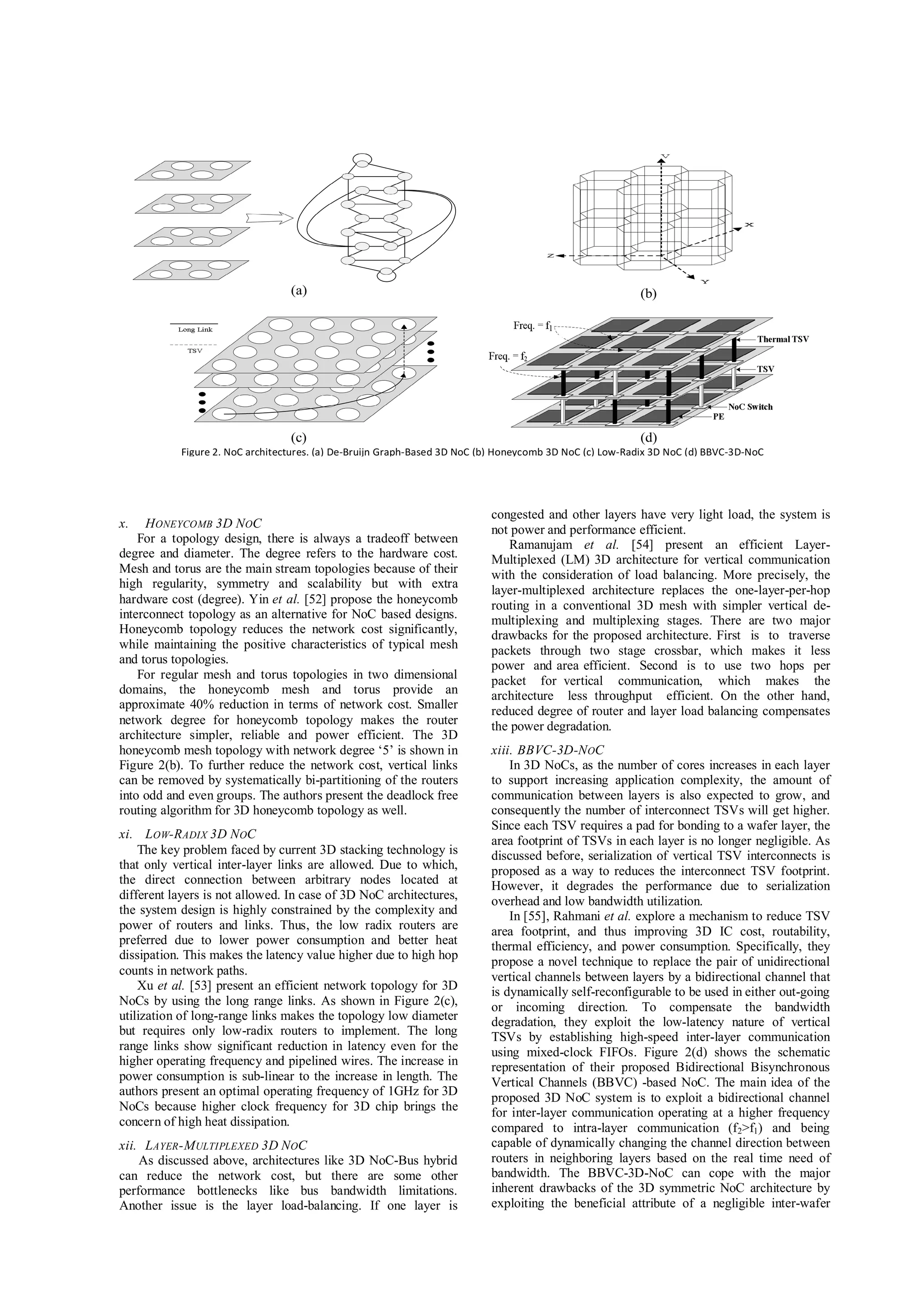congested and other layers have very light load, the system is
x.   H ONEYCOMB 3D N OC                                             not power and performance efficient.
    For a topology design, there is always a tradeoff between          Ramanujam et al. [54] present an efficient Layer-
degree and diameter. The degree refers to the hardware cost.        Multiplexed (LM) 3D architecture for vertical communication
Mesh and torus are the main stream topologies because of their      with the consideration of load balancing. More precisely, the
high regularity, symmetry and scalability but with extra            layer-multiplexed architecture replaces the one-layer-per-hop
hardware cost (degree). Yin et al. [52] propose the honeycomb       routing in a conventional 3D mesh with simpler vertical de-
interconnect topology as an alternative for NoC based designs.      multiplexing and multiplexing stages. There are two major
Honeycomb topology reduces the network cost significantly,          drawbacks for the proposed architecture. First is to traverse
while maintaining the positive characteristics of typical mesh      packets through two stage crossbar, which makes it less
and torus topologies.                                               power and area efficient. Second is to use two hops per
    For regular mesh and torus topologies in two dimensional        packet for vertical communication, which makes the
domains, the honeycomb mesh and torus provide an                    architecture less throughput efficient. On the other hand,
approximate 40% reduction in terms of network cost. Smaller         reduced degree of router and layer load balancing compensates
network degree for honeycomb topology makes the router              the power degradation.
architecture simpler, reliable and power efficient. The 3D
honeycomb mesh topology with network degree ‘5’ is shown in         xiii. BBVC-3D-N OC
Figure 2(b). To further reduce the network cost, vertical links         In 3D NoCs, as the number of cores increases in each layer
can be removed by systematically bi-partitioning of the routers     to support increasing application complexity, the amount of
into odd and even groups. The authors present the deadlock free     communication between layers is also expected to grow, and
routing algorithm for 3D honeycomb topology as well.                consequently the number of interconnect TSVs will get higher.
                                                                    Since each TSV requires a pad for bonding to a wafer layer, the
xi. L OW-R ADIX 3D N OC                                             area footprint of TSVs in each layer is no longer negligible. As
    The key problem faced by current 3D stacking technology is      discussed before, serialization of vertical TSV interconnects is
that only vertical inter-layer links are allowed. Due to which,     proposed as a way to reduces the interconnect TSV footprint.
the direct connection between arbitrary nodes located at            However, it degrades the performance due to serialization
different layers is not allowed. In case of 3D NoC architectures,   overhead and low bandwidth utilization.
the system design is highly constrained by the complexity and           In [55], Rahmani et al. explore a mechanism to reduce TSV
power of routers and links. Thus, the low radix routers are         area footprint, and thus improving 3D IC cost, routability,
preferred due to lower power consumption and better heat            thermal efficiency, and power consumption. Specifically, they
dissipation. This makes the latency value higher due to high hop    propose a novel technique to replace the pair of unidirectional
counts in network paths.                                            vertical channels between layers by a bidirectional channel that
    Xu et al. [53] present an efficient network topology for 3D     is dynamically self-reconfigurable to be used in either out-going
NoCs by using the long range links. As shown in Figure 2(c),        or incoming direction. To compensate the bandwidth
utilization of long-range links makes the topology low diameter     degradation, they exploit the low-latency nature of vertical
but requires only low-radix routers to implement. The long          TSVs by establishing high-speed inter-layer communication
range links show significant reduction in latency even for the      using mixed-clock FIFOs. Figure 2(d) shows the schematic
higher operating frequency and pipelined wires. The increase in     representation of their proposed Bidirectional Bisynchronous
power consumption is sub-linear to the increase in length. The      Vertical Channels (BBVC) -based NoC. The main idea of the
authors present an optimal operating frequency of 1GHz for 3D       proposed 3D NoC system is to exploit a bidirectional channel
NoCs because higher clock frequency for 3D chip brings the          for inter-layer communication operating at a higher frequency
concern of high heat dissipation.                                   compared to intra-layer communication (f 2>f1) and being
xii. L AYER -M ULTIPLEXED 3D N OC                                   capable of dynamically changing the channel direction between
    As discussed above, architectures like 3D NoC-Bus hybrid        routers in neighboring layers based on the real time need of
can reduce the network cost, but there are some other               bandwidth. The BBVC-3D-NoC can cope with the major
performance bottlenecks like bus bandwidth limitations.             inherent drawbacks of the 3D symmetric NoC architecture by
Another issue is the layer load-balancing. If one layer is          exploiting the beneficial attribute of a negligible inter-wafer
 