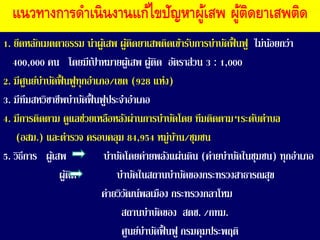 1. ยึดหลักเมตตำธรรม นำผู้เสพ ผู้ติดยำเสพติดเข้ำรับกำรบำบัดืื้ นืู ไม่น้อยกว่ำ
400,000 คน โดยมีเป
้ ำหมำยผู้เสพ ผู้ติด อัตรำส่วน 3 : 1,000
2. มีศูนย์บำบัดืื้ นืูทุกอำเภอ/เขต (928 แห่ง)
3. มีทีมสหวิชำชีพบำบัดืื้ นืูประจำอำเภอ
4. มีกำรติดตำม ดูแลช่วยเหลือหลังผ่ำนกำรบำบัดโดย ทีมติดตำมฯระดับตำบล
(อสม.) และตำรวจ ครอบคลุม 84,954 หมู่บ้ำน/ชุมชน
5. วิธีกำร ผู้เสพ บำบัดโดยค่ำยพลังแผ่นดิน (ค่ำยบำบัดในชุมชน) ทุกอำเภอ
ผู้ติด บำบัดในสถำนบำบัดของกระทรวงสำธำรณสุข
ค่ำยวิวัฒน์พลเมือง กระทรวงกลำโหม
สถำนบำบัดของ สตช. /กทม.
ศูนย์บำบัดืื้ นืู กรมคุมประพฤติ
แนวทางการดาเนินงานแก้ไขปัญหาผู้เสพ ผู้ติดยาเสพติด
 