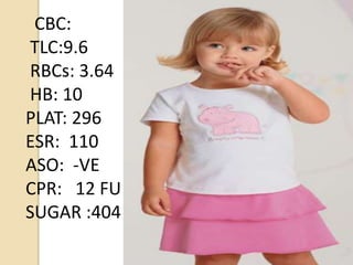 CBC:
TLC:9.6
RBCs: 3.64
HB: 10
PLAT: 296
ESR: 110
ASO: -VE
CPR: 12 FU
SUGAR :404
 