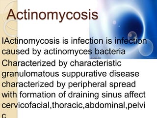 Actinomycosis
IActinomycosis is infection is infection
caused by actinomyces bacteria
Characterized by characteristic
granulomatous suppurative disease
characterized by peripheral spread
with formation of draining sinus affect
cervicofacial,thoracic,abdominal,pelvi
 
