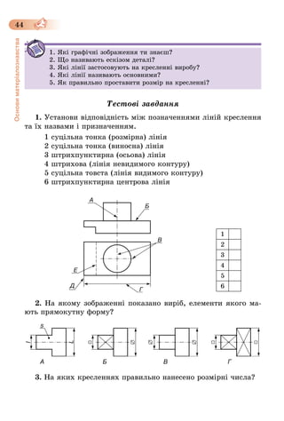 44
Основиматеріалознавства
1. Які графічні зображення ти знаєш?
2. Що називають ескізом деталі?
3. Які лінії застосовують на кресленні виробу?
4. Які лінії називають основними?
5. Як правильно проставити розмір на кресленні?
Тестові завдання
1. Установи відповідність між позначеннями ліній креслення
та їх назвами і призначенням.
1 суцільна тонка (розмірна) лінія
2 суцільна тонка (виносна) лінія
3 штрихпунктирна (осьова) лінія
4 штрихова (лінія невидимого контуру)
5 суцільна товста (лінія видимого контуру)
6 штрихпунктирна центрова лінія
2. На якому зображенні показано виріб, елементи якого ма-
ють прямокутну форму?
А Б В Г
3. На яких кресленнях правильно нанесено розмірні числа?
1. Які графічні зображення ти знаєш?
2. Що називають ескізом деталі?
3. Які лінії застосовують на кресленні виробу?
4. Які лінії називають основними?
5. Як правильно проставити розмір на кресленні?
1
2
3
4
5
6
 